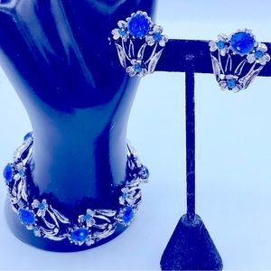 Vintage Bracelet And Earring Set Silver Tone With Blue Rhinestone Floral Design
